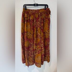 Vintage 90s Calvin Klein Classics Silk A-Line Floral Midi Skirt Gold Red 12